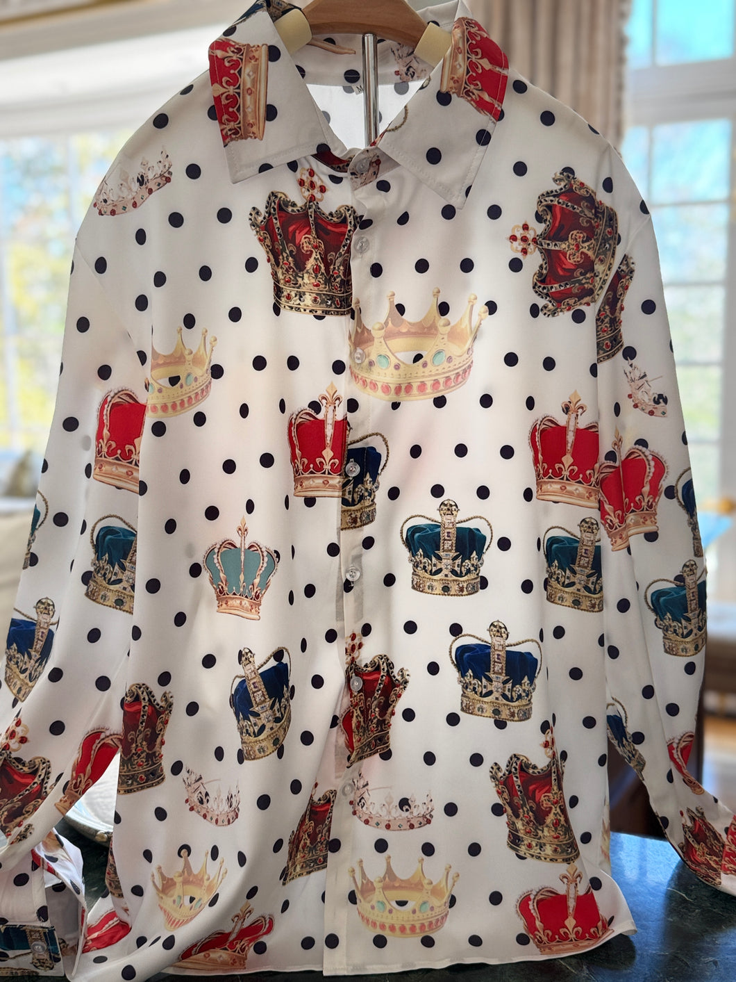 Mens Crown Polka Dot Button Down Shirt in White