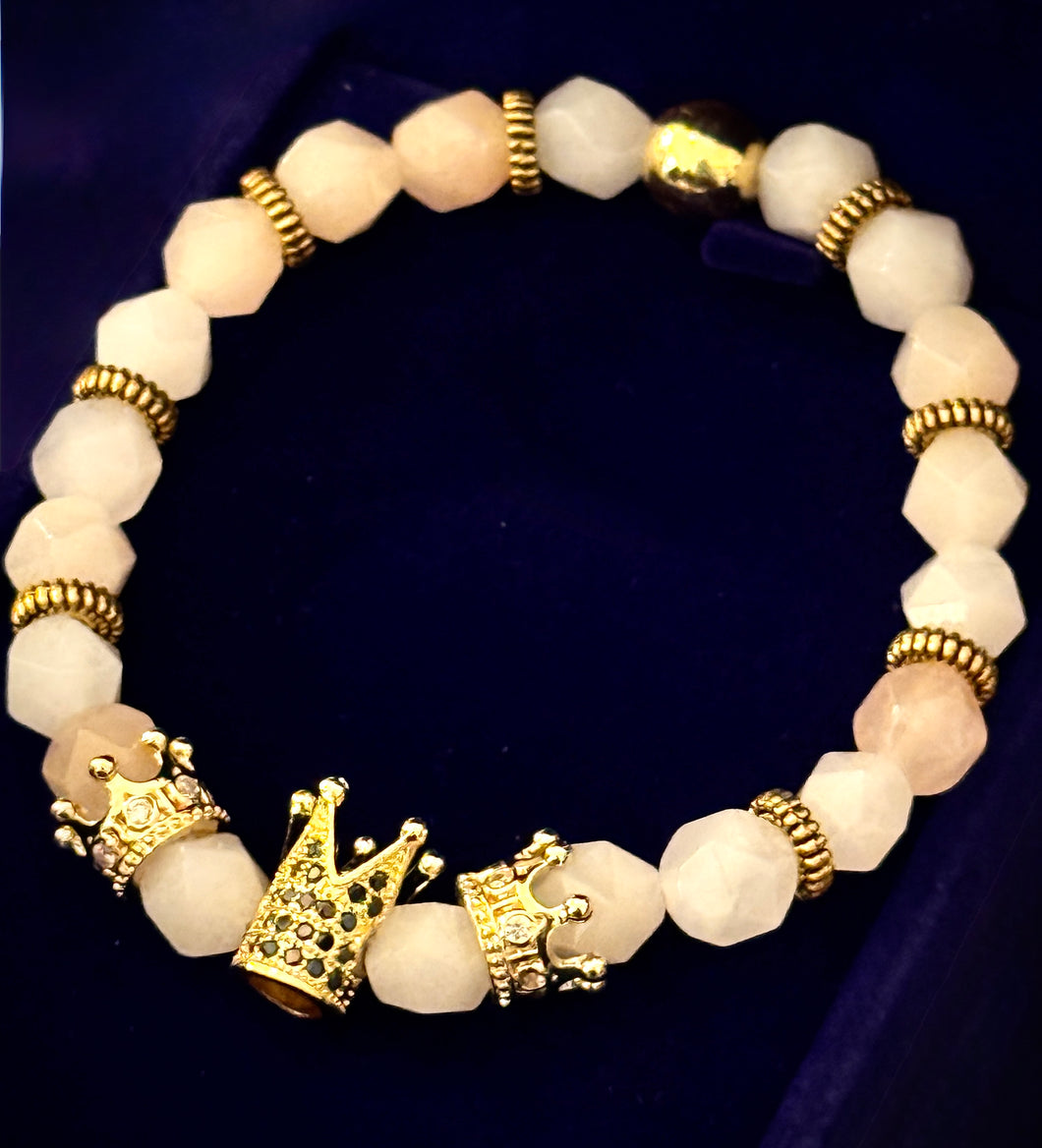 Bracelet Stretch Cut Moonstone with Gold Crown Charms