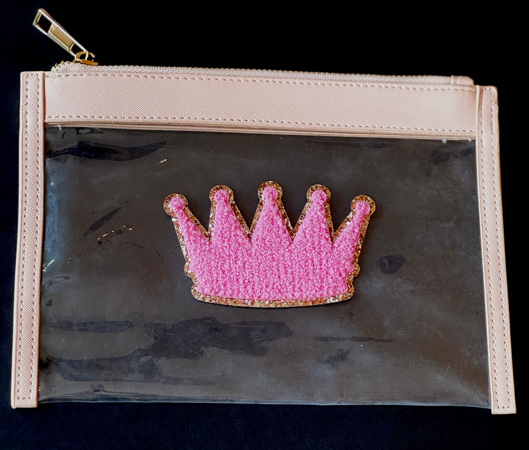 Clutch/Accessory Pouch Clear Bag with Hot Pink Crown Patch and Light Pink Leather Trim