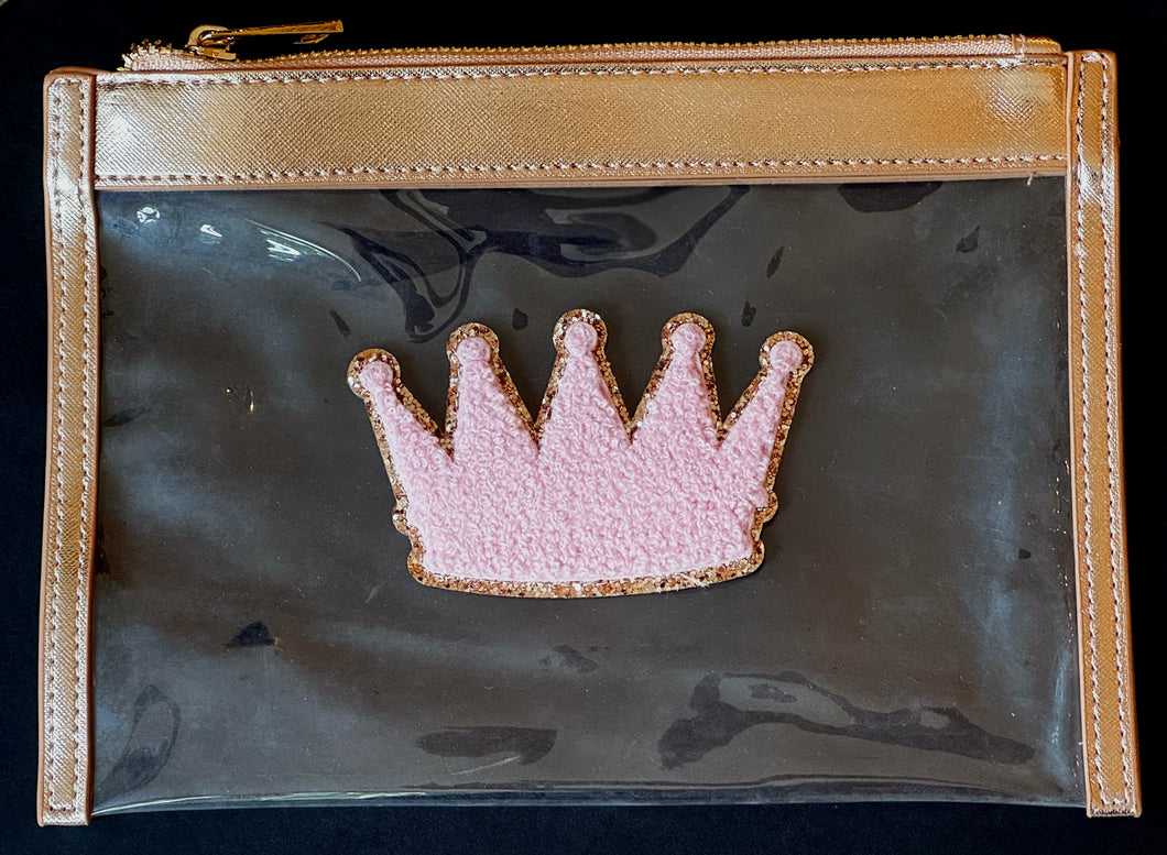 Clutch/Accessory Pouch Clear Bag with Light Pink Crown Patch Rose Gold Leather Trim