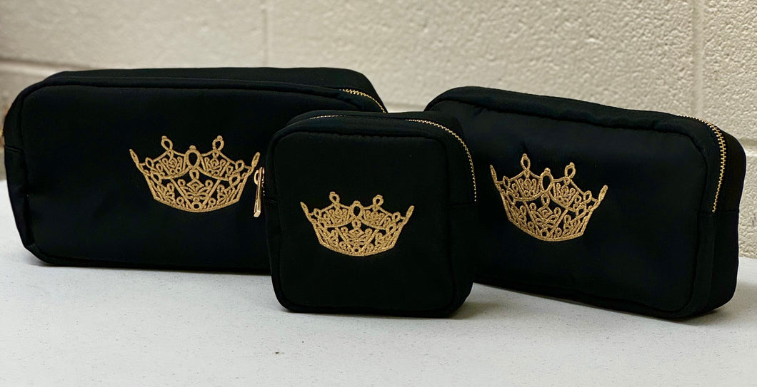 Cosmetic Bag Black nylon bag embroidered with Gold MVA Crown