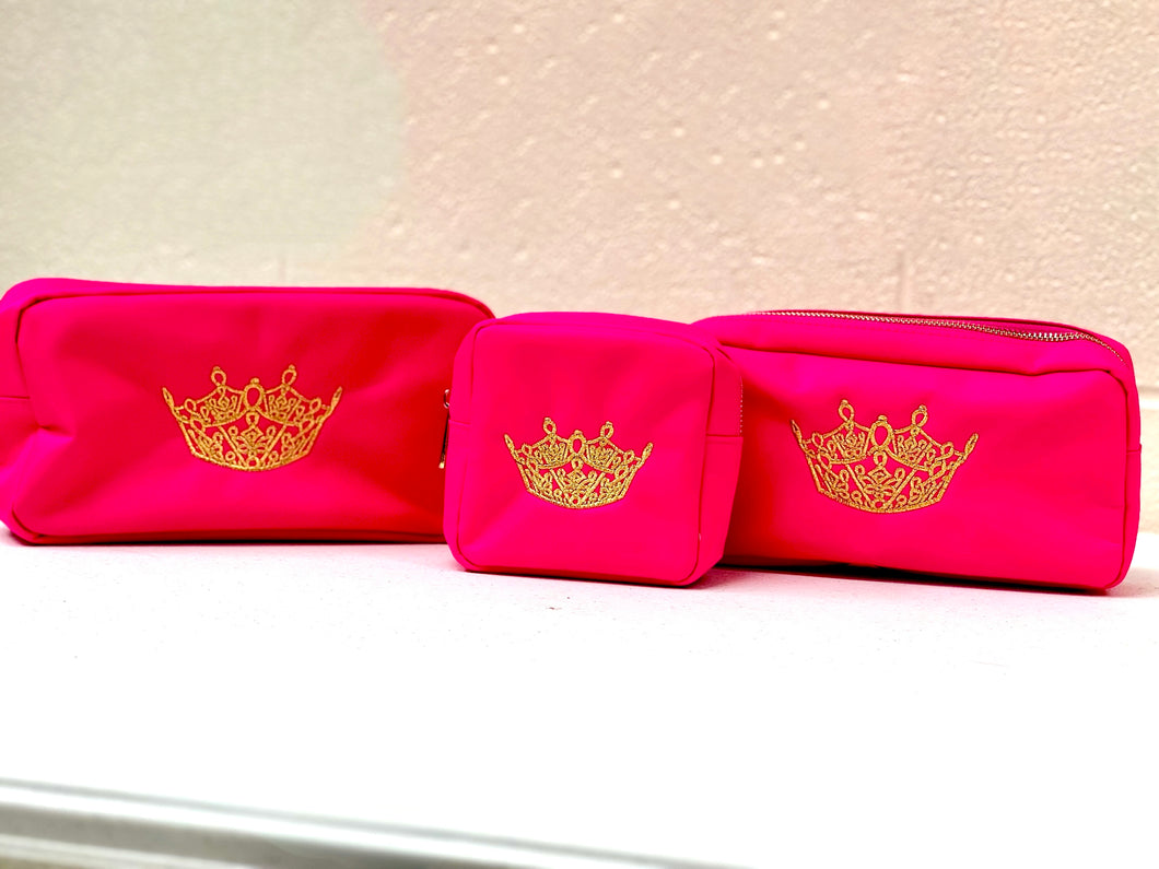 Cosmetic Bag Hot Pink nylon bag embroidered with Gold MVA Crown