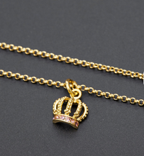 Load image into Gallery viewer, Necklace Three-Dimensional Small Gold King's Crown with Pink Stones
