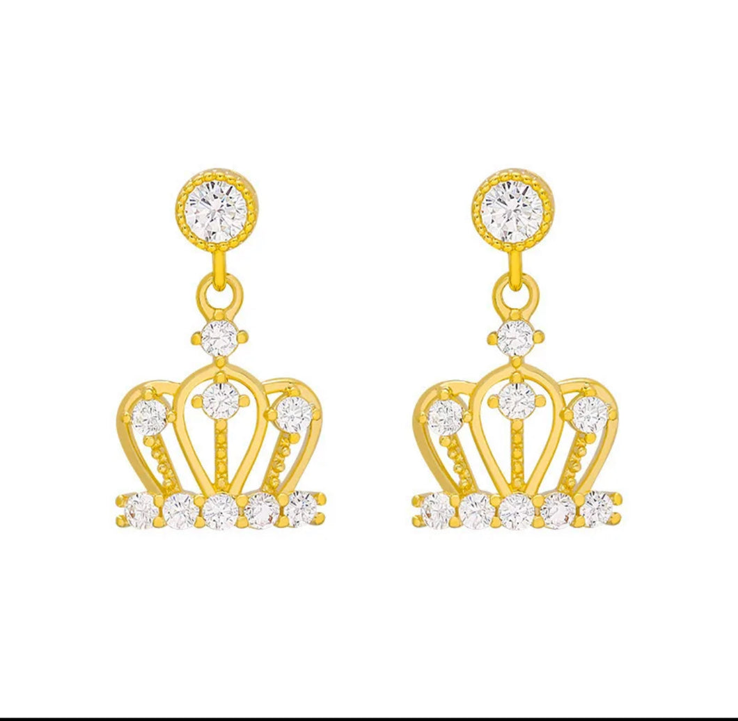 Earrings--Dainty 14K Gold Small Dangle Crown Earrings