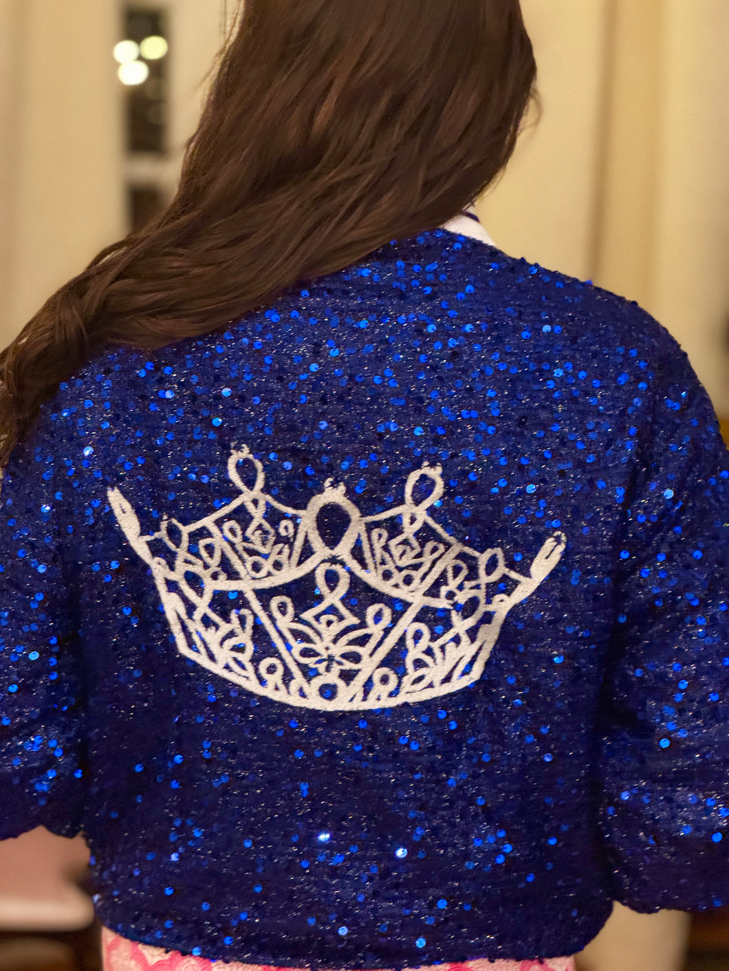 Jacket Cobalt Zip Up Embroidered Sequin Volunteer Varsity Jacket