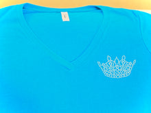 Load image into Gallery viewer, T-Shirt Turquoise V-neck with rhinestone crown on left chest
