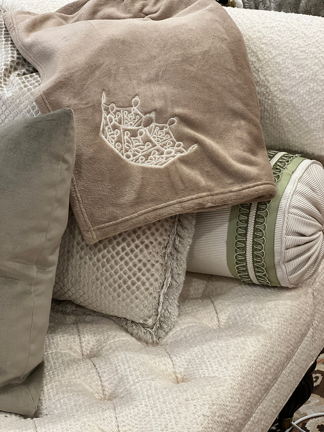 Blanket Ultra Plush Embroidered Crown in Taupe