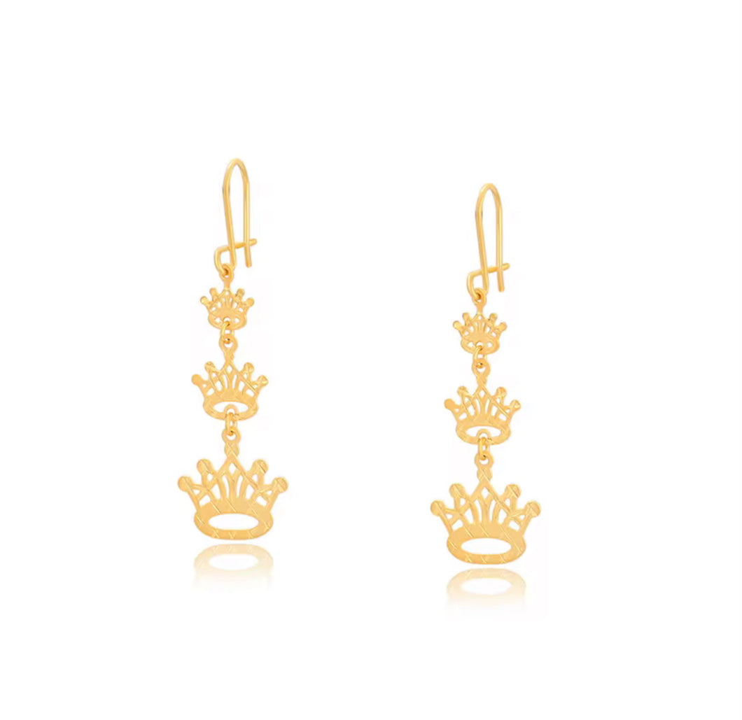 Earrings gold three-crown dangle earrings