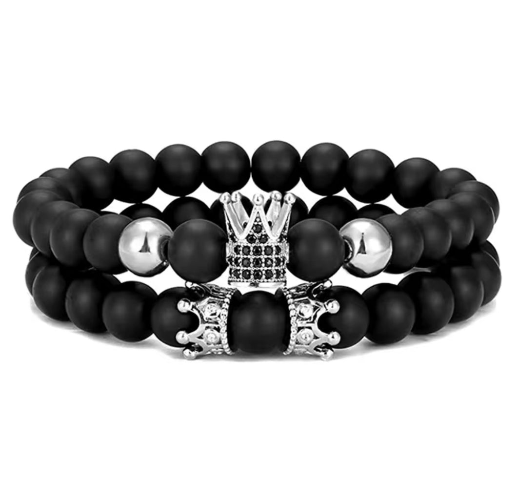 Mens Bracelet Black Onyx Matte Bead Kings Bracelet--Double Set in Silver
