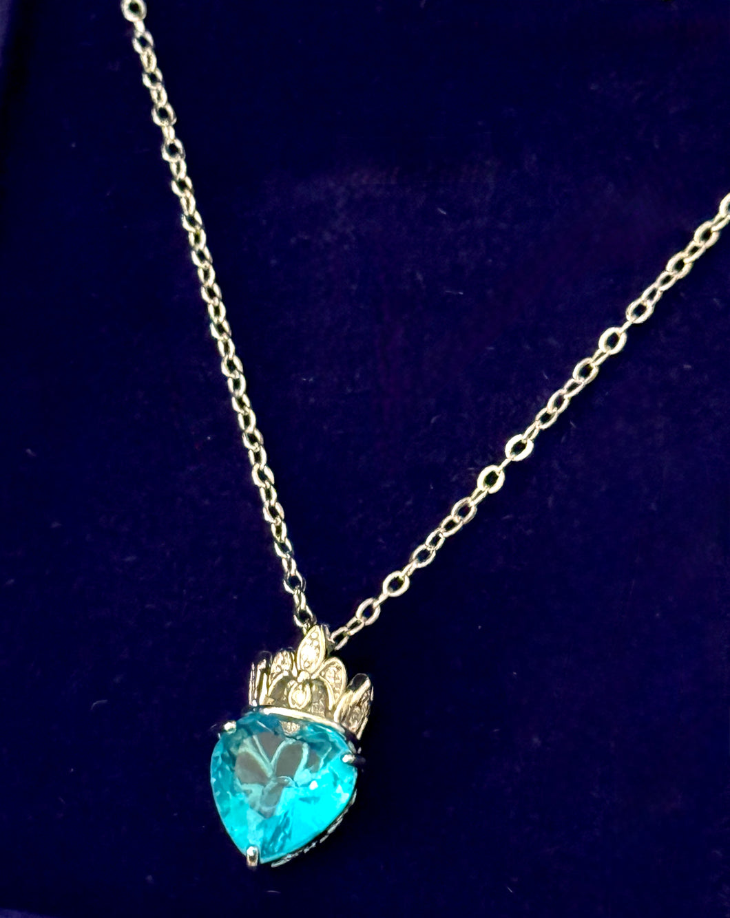 Necklace Rhinestoned Crown Topped Blue Topaz Charm